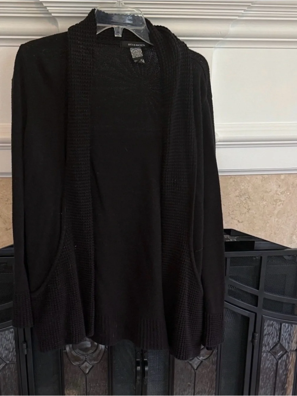 89th & Madison Black Open Front Mixed Knit Cardigan Sweater Pockets L